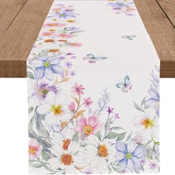 spring floral table runner with butterfly wildflower design for weddings & home decor