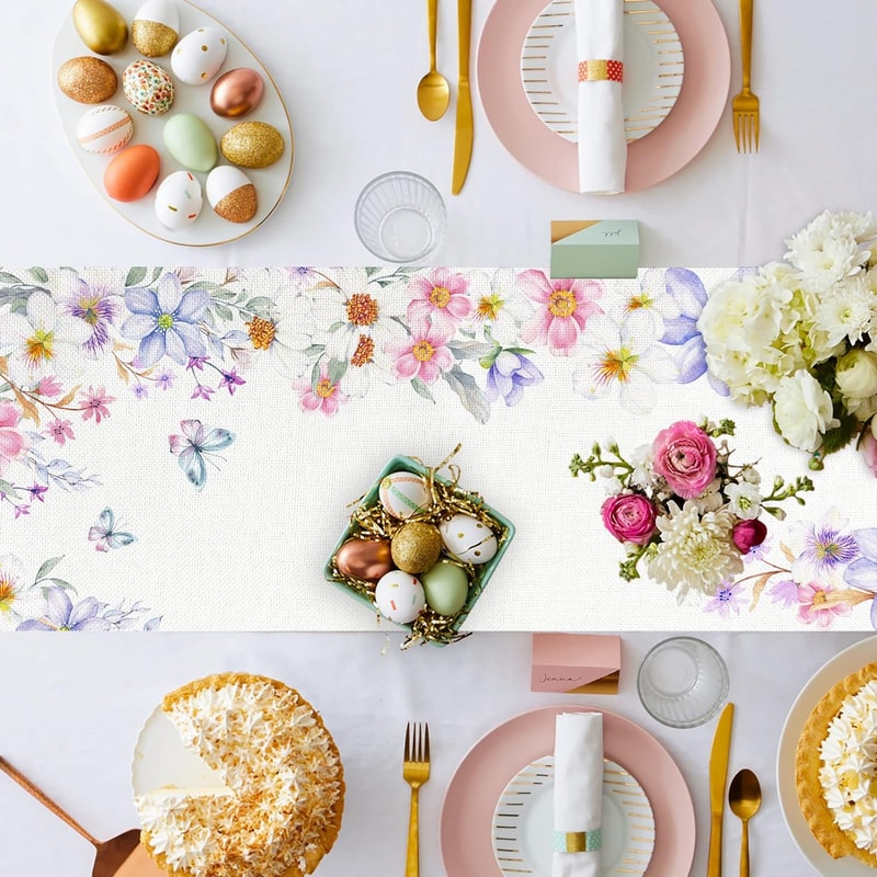 Spring Floral Table Runner With Butterfly Wildflower Design For Weddings Home Decor 1
