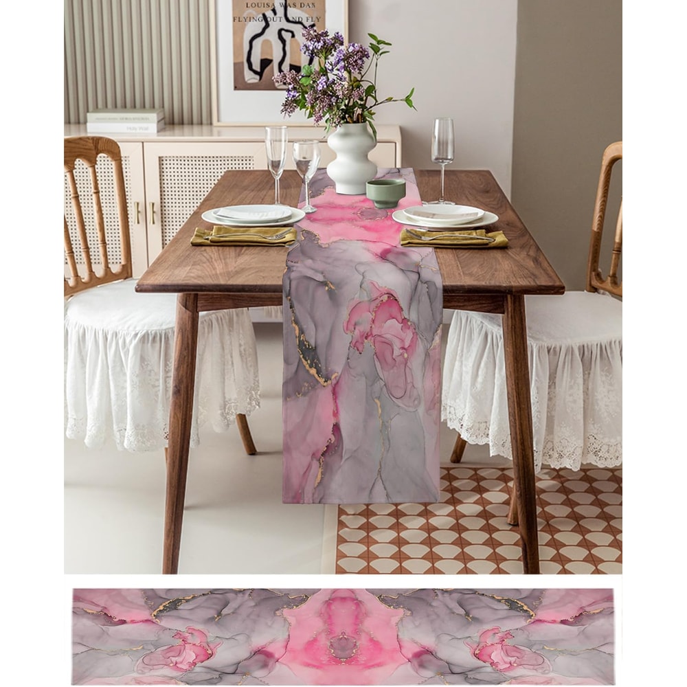 Pink Marble Linen Table Runner for Modern Dining & Event Decor