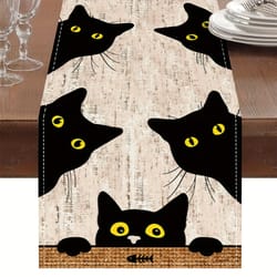 whimsical black cat linen table runner for holiday & everyday dining decor