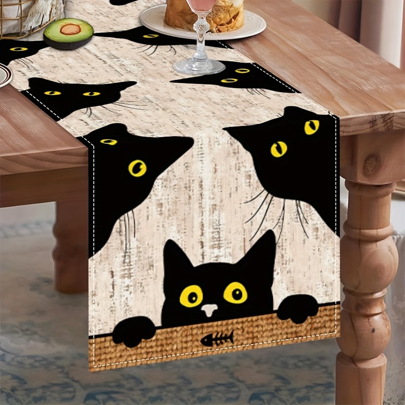 Whimsical Black Cat Linen Table Runner For Holiday Everyday Dining Decor 1