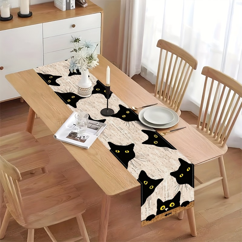 Whimsical Black Cat Linen Table Runner For Holiday Everyday Dining Decor 2
