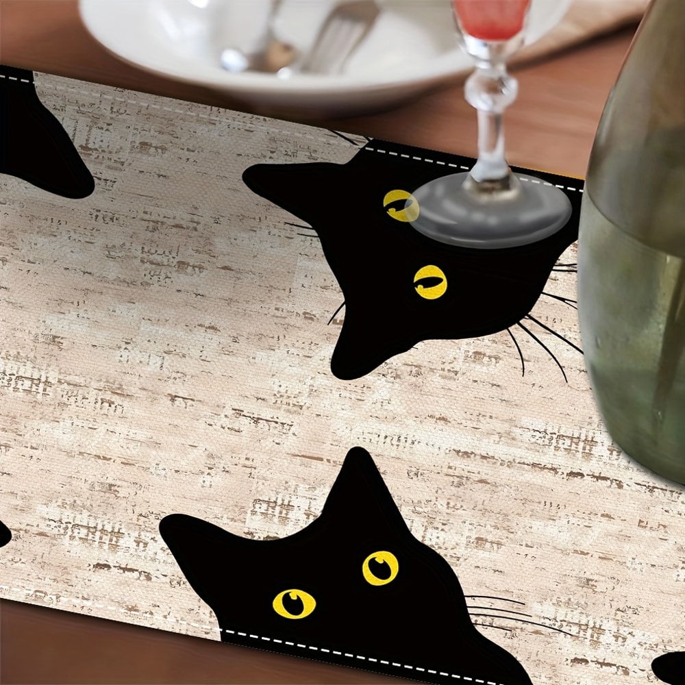Whimsical Black Cat Linen Table Runner For Holiday Everyday Dining Decor 3