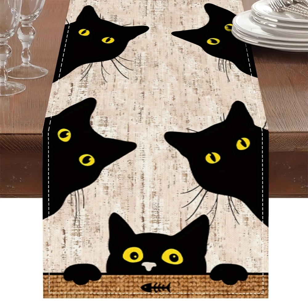 Whimsical Black Cat Linen Table Runner For Holiday Everyday Dining Decor 4