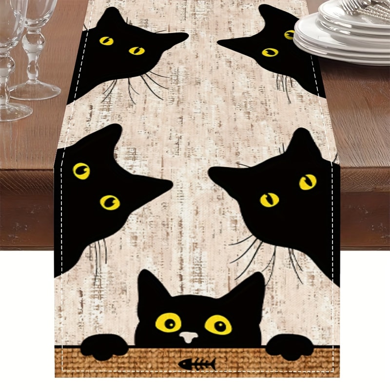 Whimsical Black Cat Linen Table Runner For Holiday Everyday Dining Decor 4