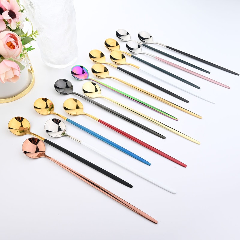 Premium Long Handle Ice Spoon & Coffee Tea Stir Spoon Set Stainless Steel Cutlery Set for Kitchen & Drinks