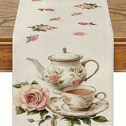 retro british table runner with delicate tea sets & pink rose pattern elegant home & party decor
