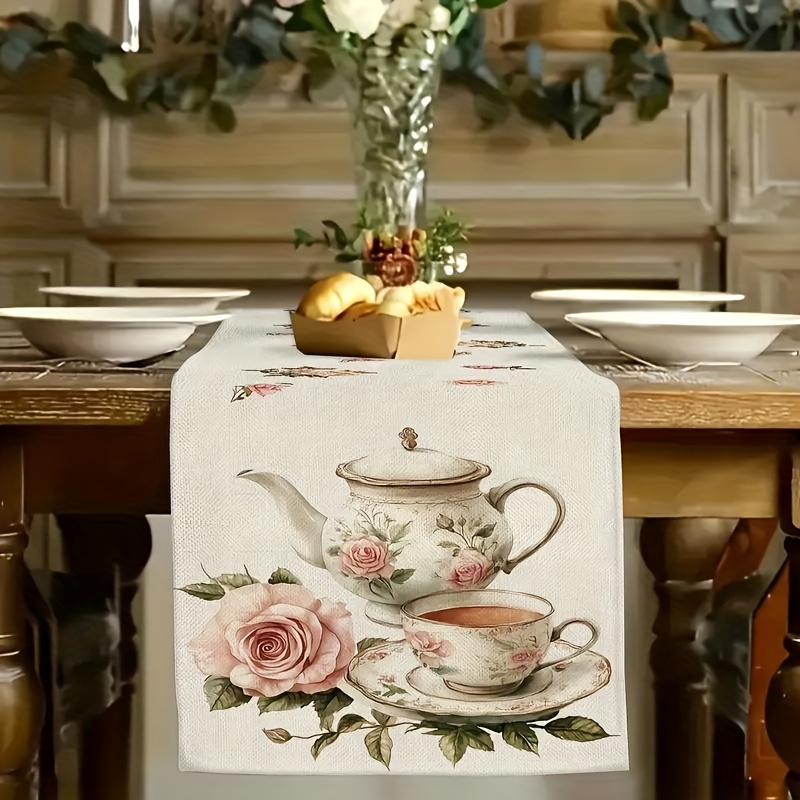 Retro British Table Runner With Delicate Tea Sets Pink Rose Pattern Elegant Home Party Decor 1