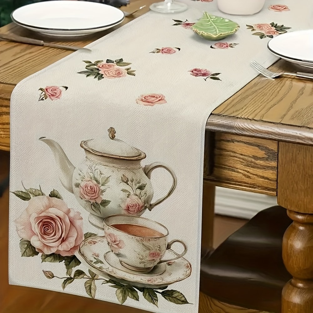 Retro British Table Runner With Delicate Tea Sets Pink Rose Pattern Elegant Home Party Decor 2