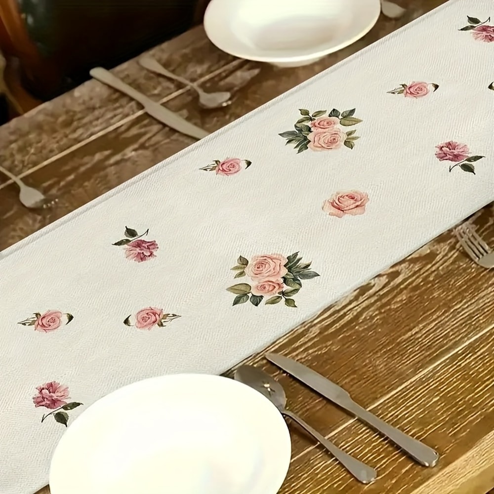 Retro British Table Runner With Delicate Tea Sets Pink Rose Pattern Elegant Home Party Decor 3