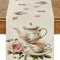 Retro British Table Runner With Delicate Tea Sets Pink Rose Pattern Elegant Home Party Decor 4