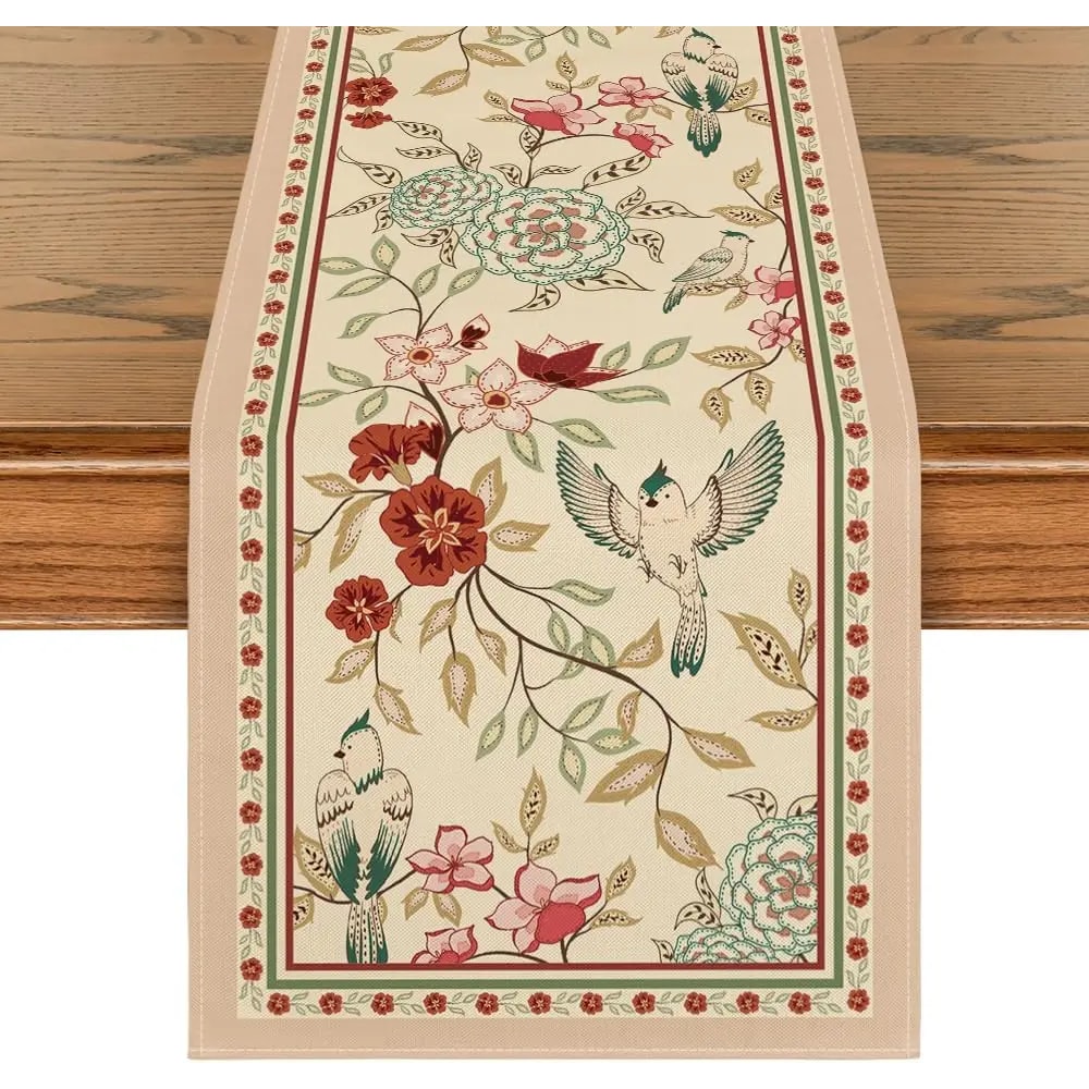 Elegant Floral Bird Print Table Runner Classic Nature Inspired Dining Table Decor 0