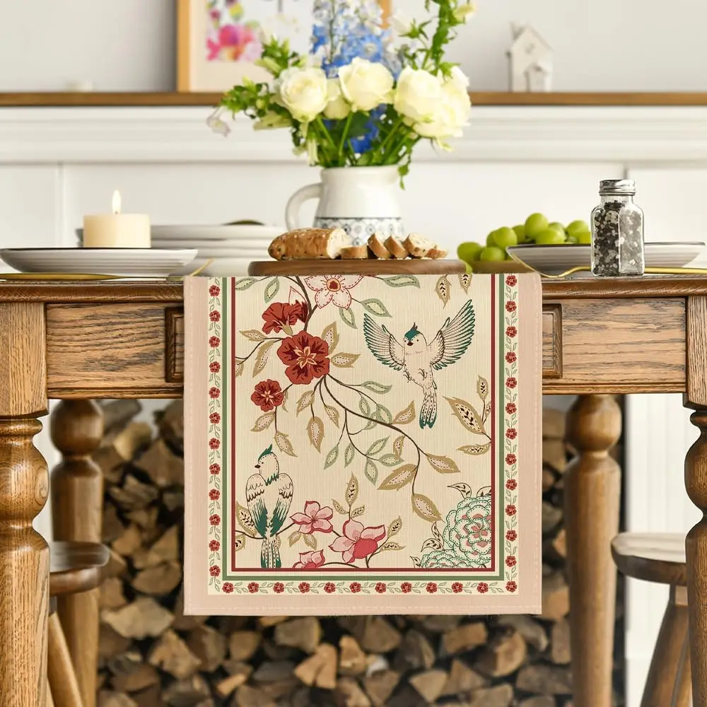 Elegant Floral Bird Print Table Runner Classic Nature Inspired Dining Table Decor 1