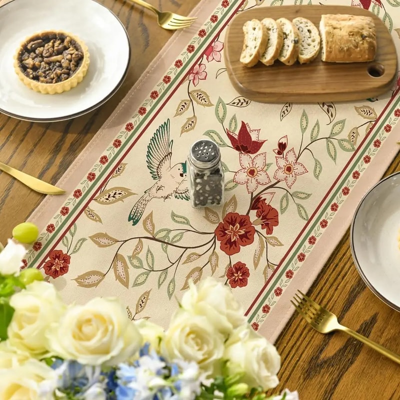 Elegant Floral Bird Print Table Runner Classic Nature Inspired Dining Table Decor 3