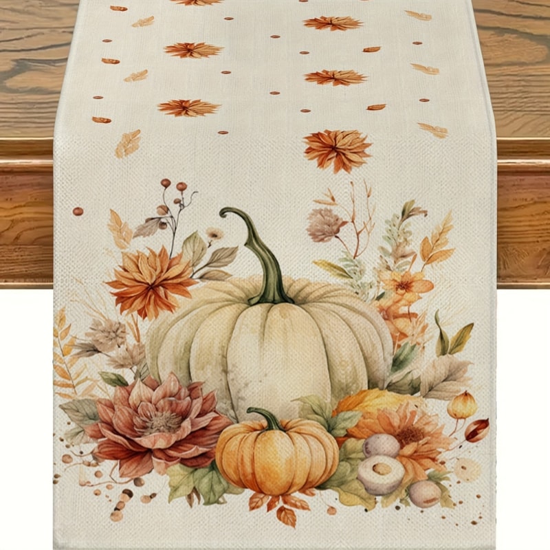 Autumn Harvest Table Runner Pumpkin Leaves Decorative Linen For Home Parties 0