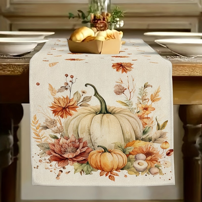 Autumn Harvest Table Runner Pumpkin Leaves Decorative Linen For Home Parties 1
