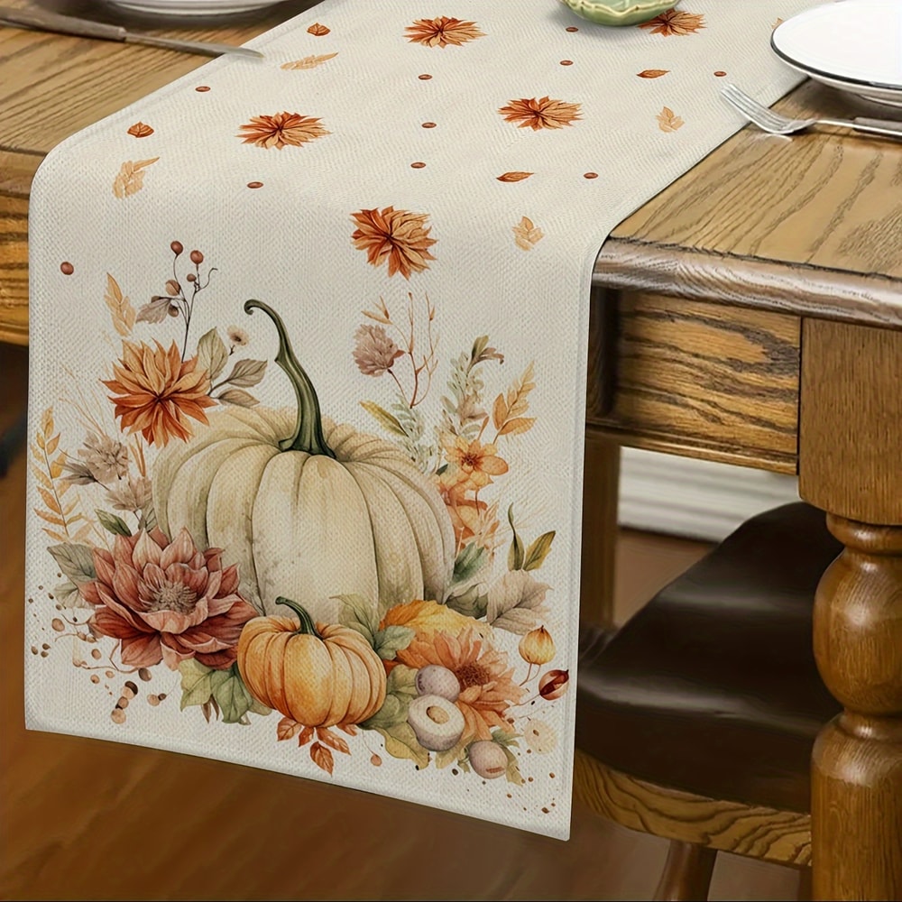 Autumn Harvest Table Runner Pumpkin Leaves Decorative Linen For Home Parties 2