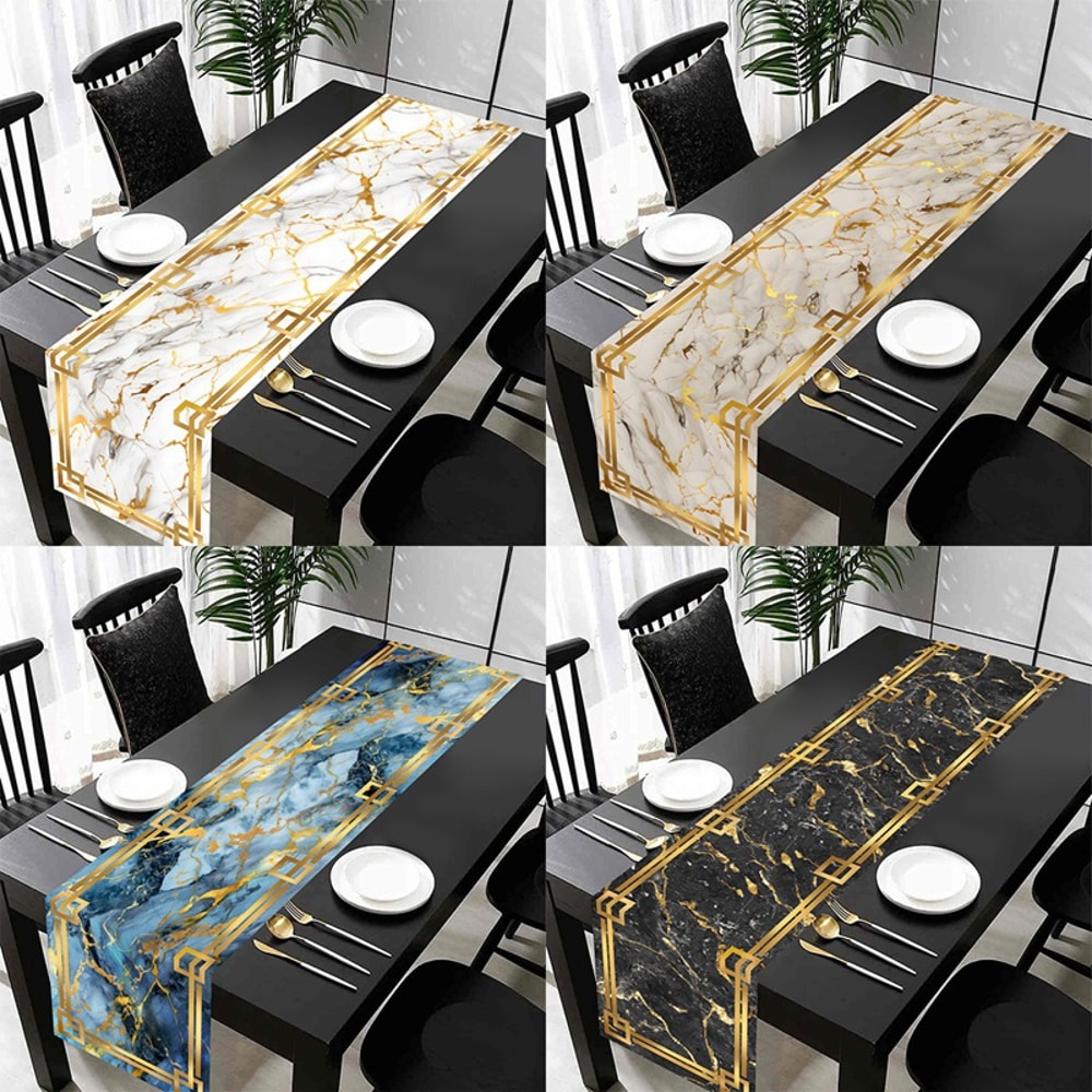 White Gray Gold Marble Table Runner For Elegant Dining And Coffee Table Decor 0