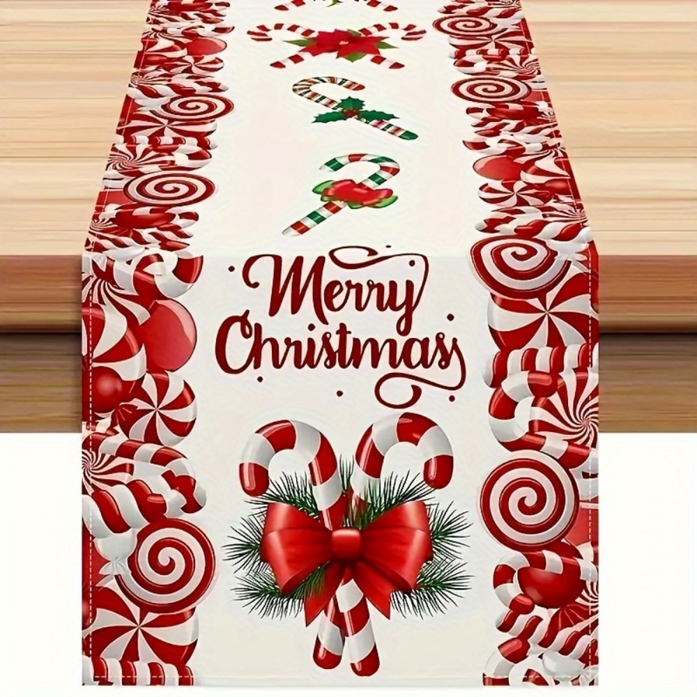 Premium Festive Christmas Table Runner With Candy Cane Bow Print Classic Holiday Centerpiece Decor 0