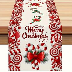 premium festive christmas table runner with candy cane & bow print classic holiday centerpiece decor for dining tables