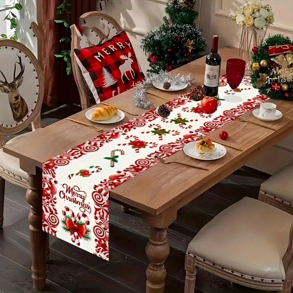 Premium Festive Christmas Table Runner With Candy Cane Bow Print Classic Holiday Centerpiece Decor 1