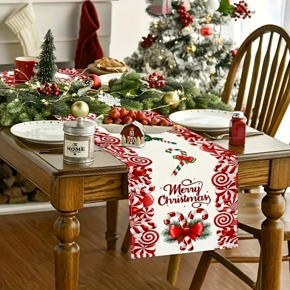 Premium Festive Christmas Table Runner With Candy Cane Bow Print Classic Holiday Centerpiece Decor 3