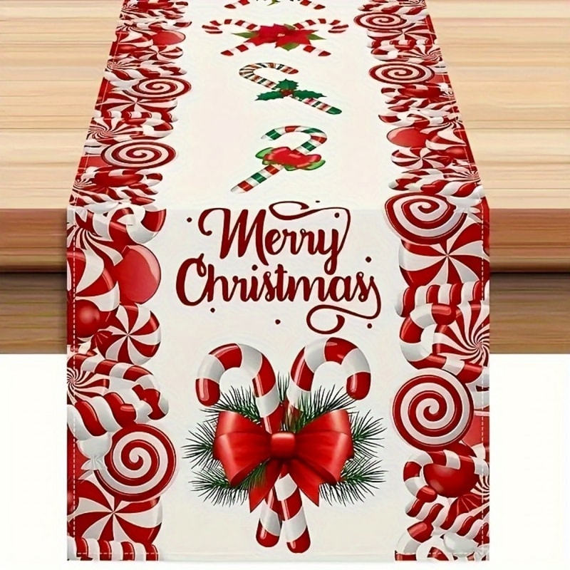 Premium Festive Christmas Table Runner With Candy Cane Bow Print Classic Holiday Centerpiece Decor 4