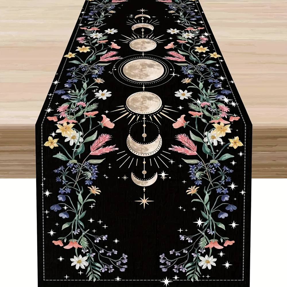 Moon Phase Wildflower Table Runner Mystical Gothic Dining & witchy home decor