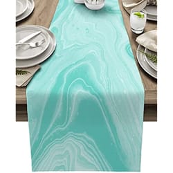 turquoise linen table runner with abstract marble design washable modern dining & wedding decor
