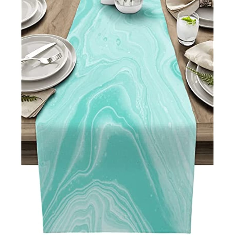 Turquoise Linen Table Runner With Abstract Marble Design Washable Modern Dining Wedding Decor 0