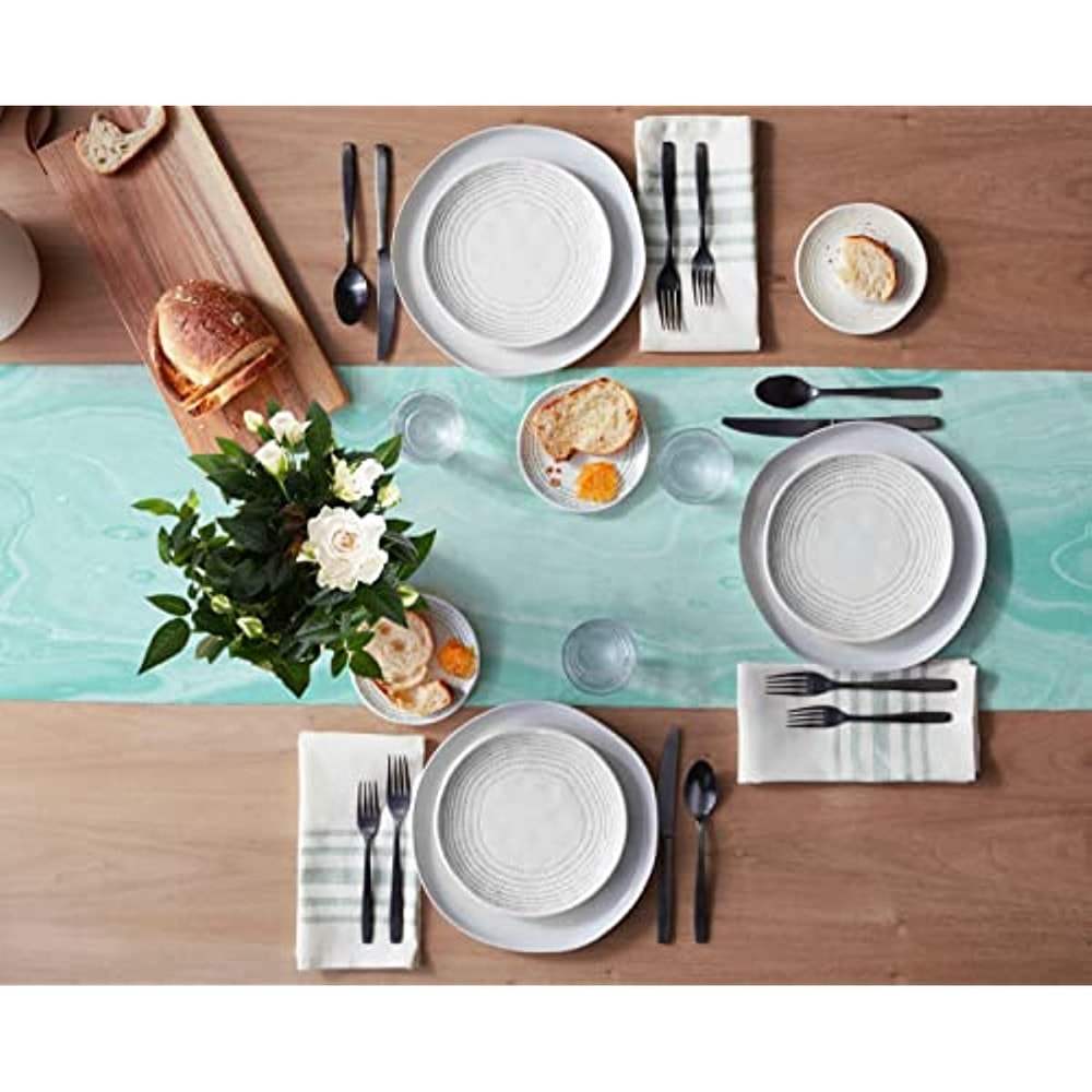 Turquoise Linen Table Runner With Abstract Marble Design Washable Modern Dining Wedding Decor 2
