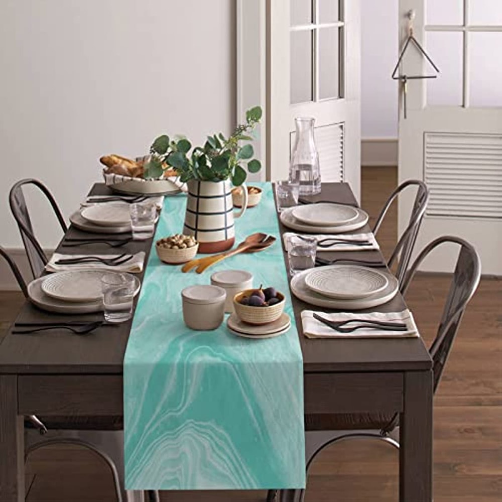 Turquoise Linen Table Runner With Abstract Marble Design Washable Modern Dining Wedding Decor 3