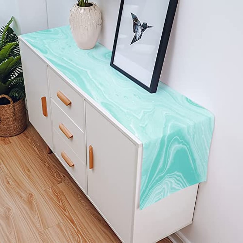 Turquoise Linen Table Runner With Abstract Marble Design Washable Modern Dining Wedding Decor 4