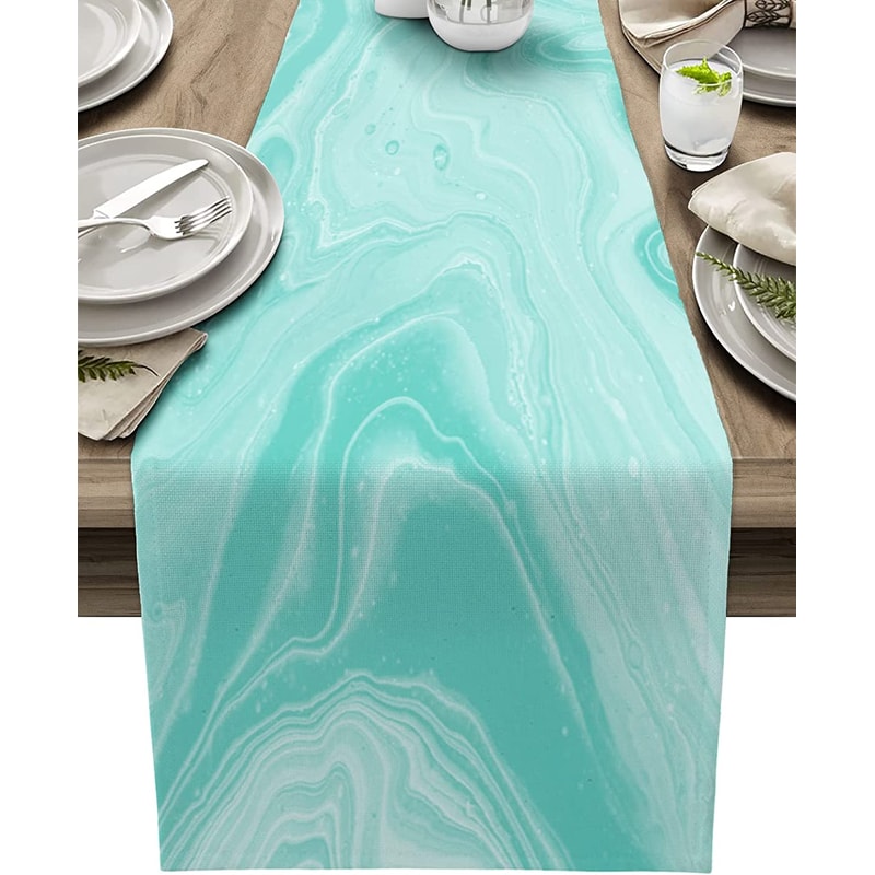 Turquoise Linen Table Runner With Abstract Marble Design Washable Modern Dining Wedding Decor 5