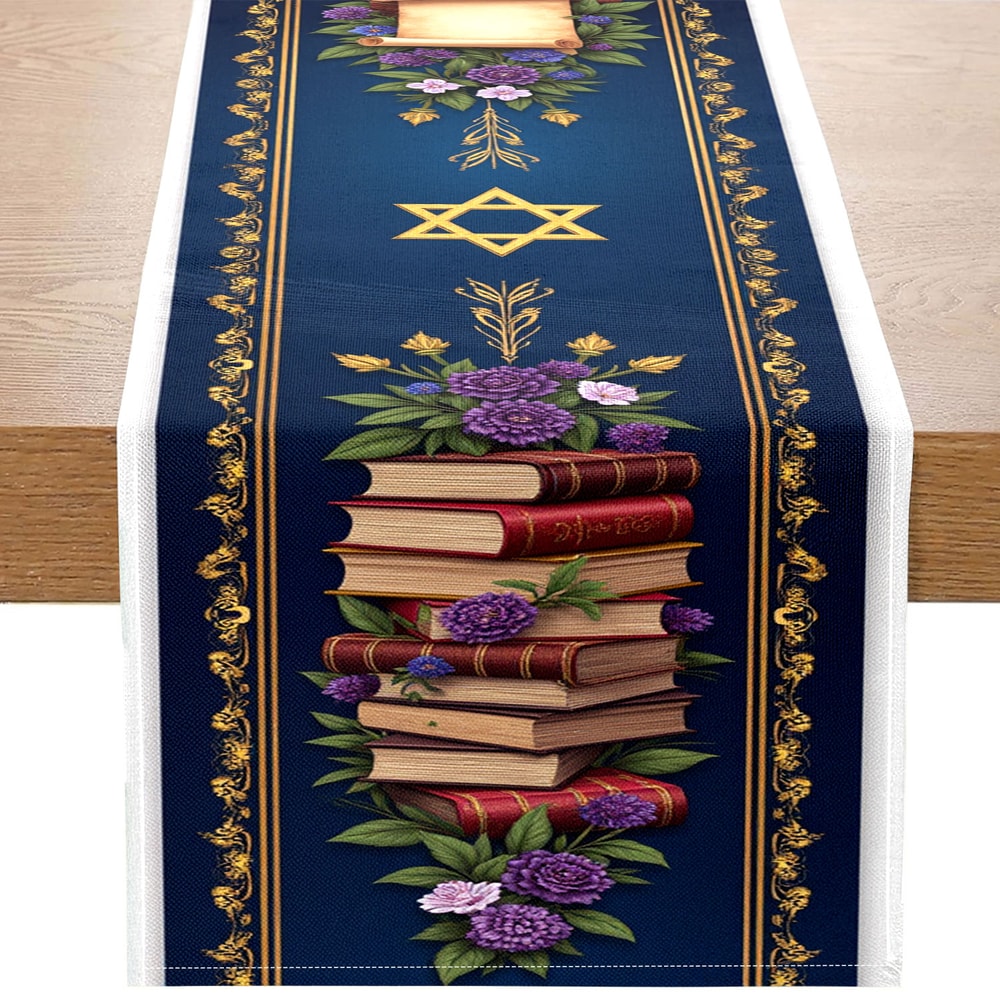 Elegant Jewish Table Runner With Star Of David Books Wine Design Holiday Table Decor Accent 0