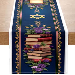 elegant jewish table runner with star of david, books & wine design holiday table decor accent