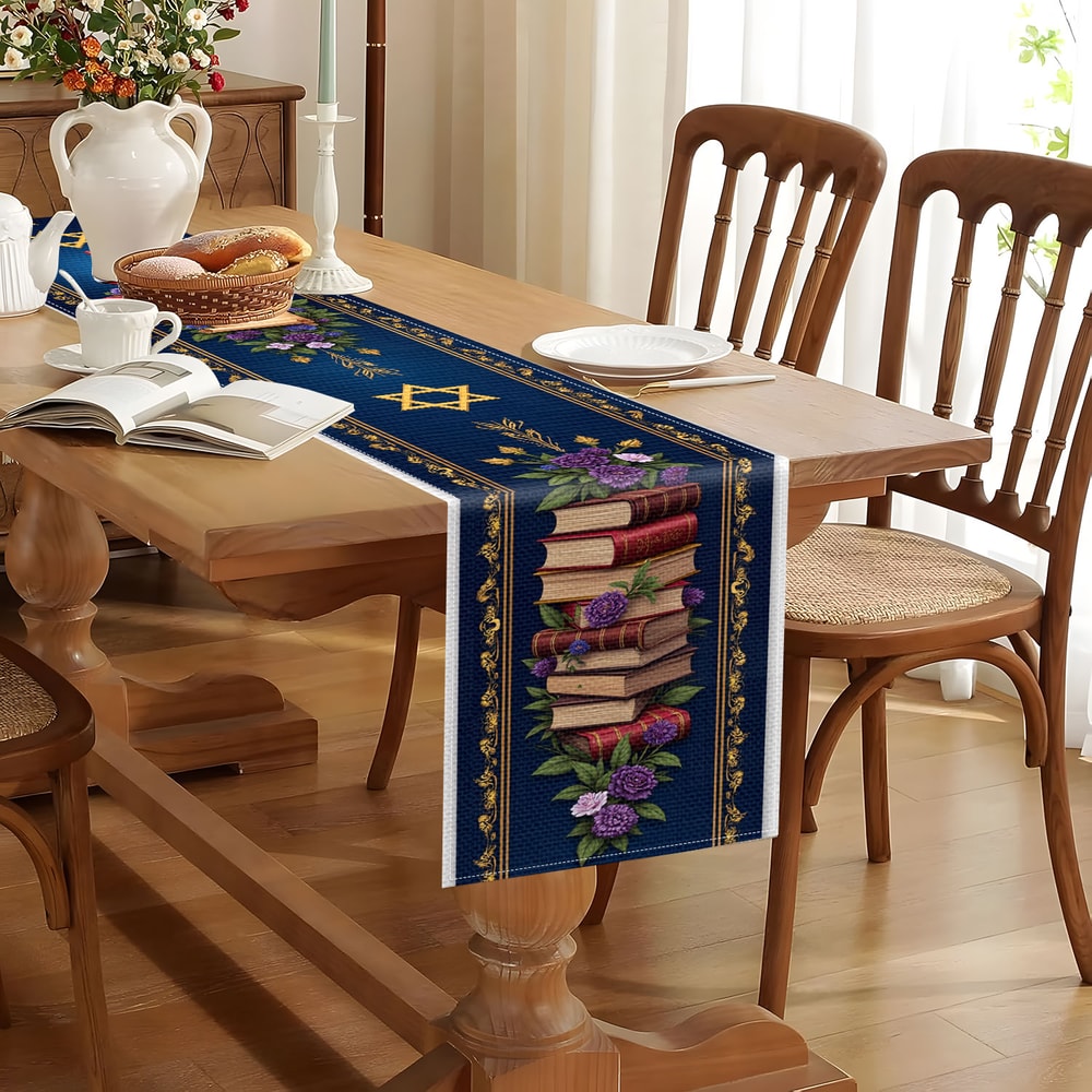 Elegant Jewish Table Runner With Star Of David Books Wine Design Holiday Table Decor Accent 2