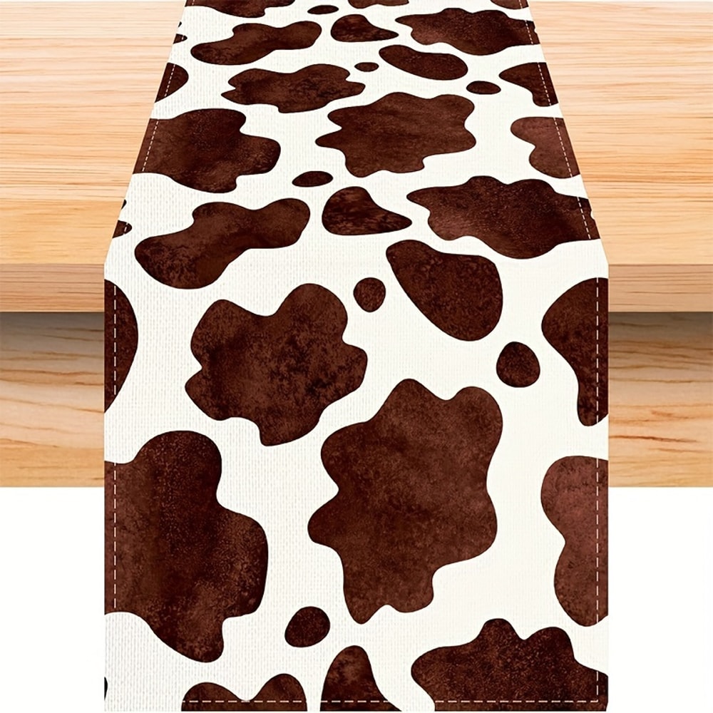 Farmhouse Cow Print Linen Table Runner for Rustic Kitchen & Party Decor