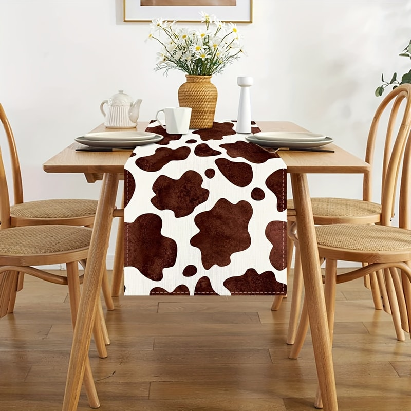 Farmhouse Cow Print Linen Table Runner for Rustic Kitchen & Party Decor