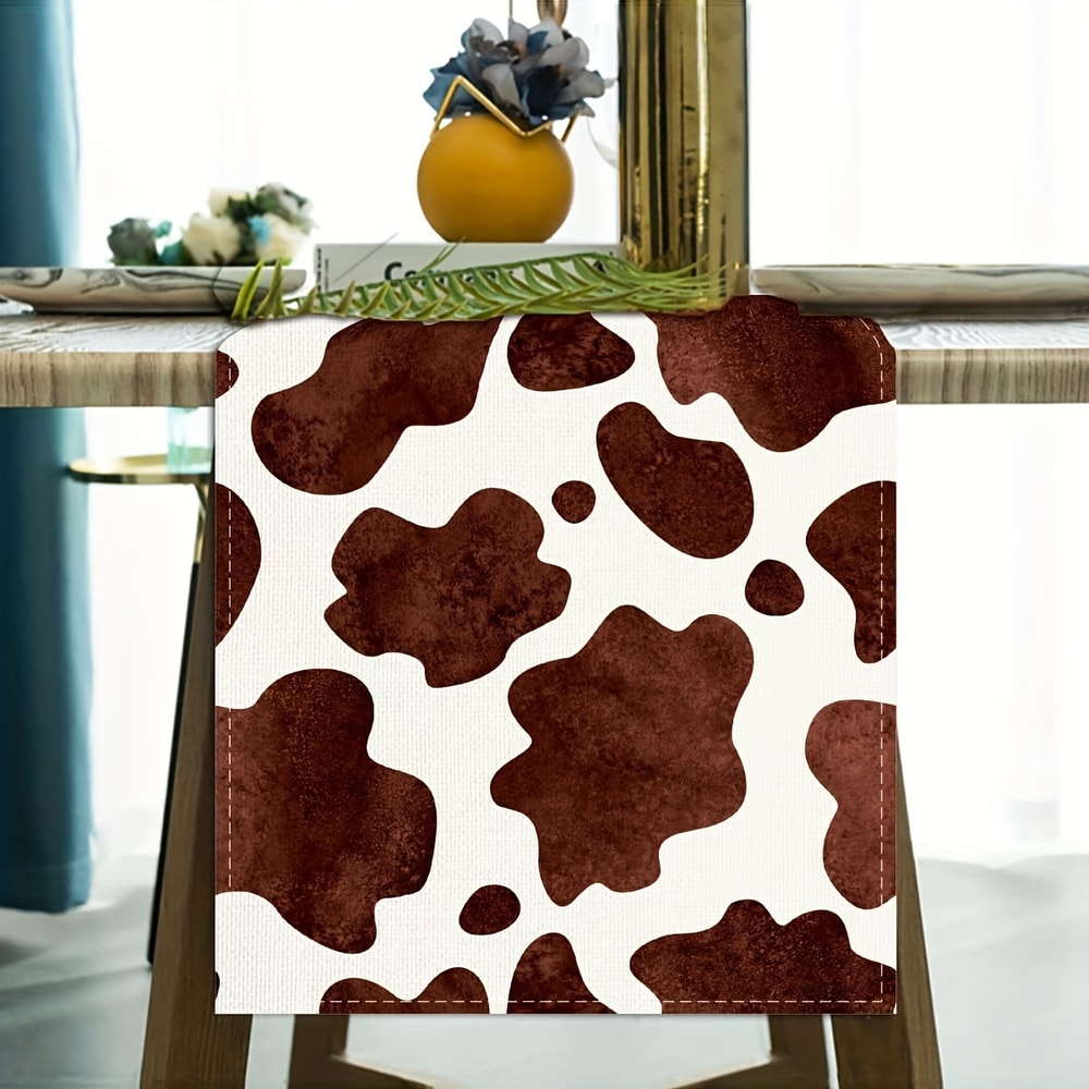 Farmhouse Cow Print Linen Table Runner for Rustic Kitchen & Party Decor
