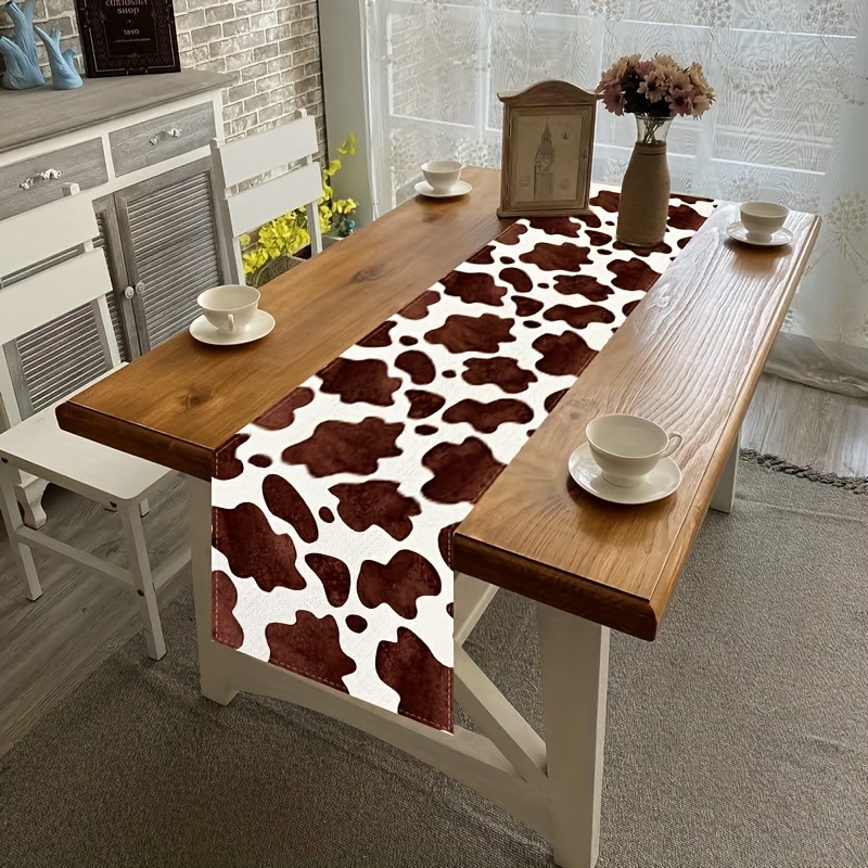 Farmhouse Cow Print Linen Table Runner for Rustic Kitchen & Party Decor