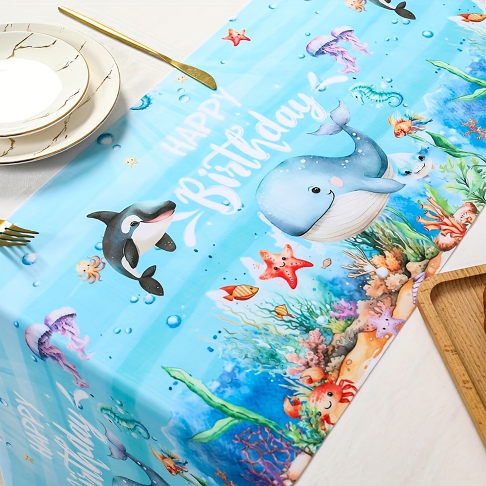 Under The Sea Table Runner With Whale Happy Birthday Ocean Party Decor 1
