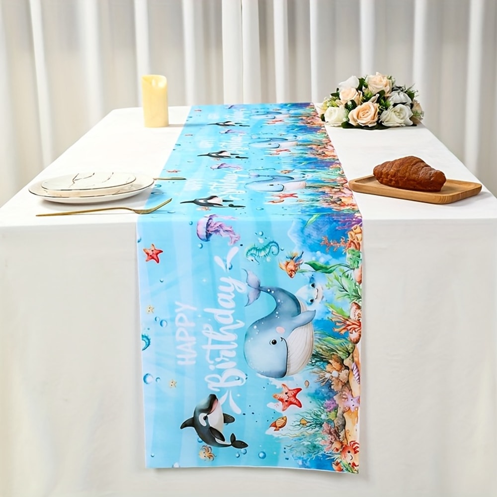 Under The Sea Table Runner With Whale Happy Birthday Ocean Party Decor 3