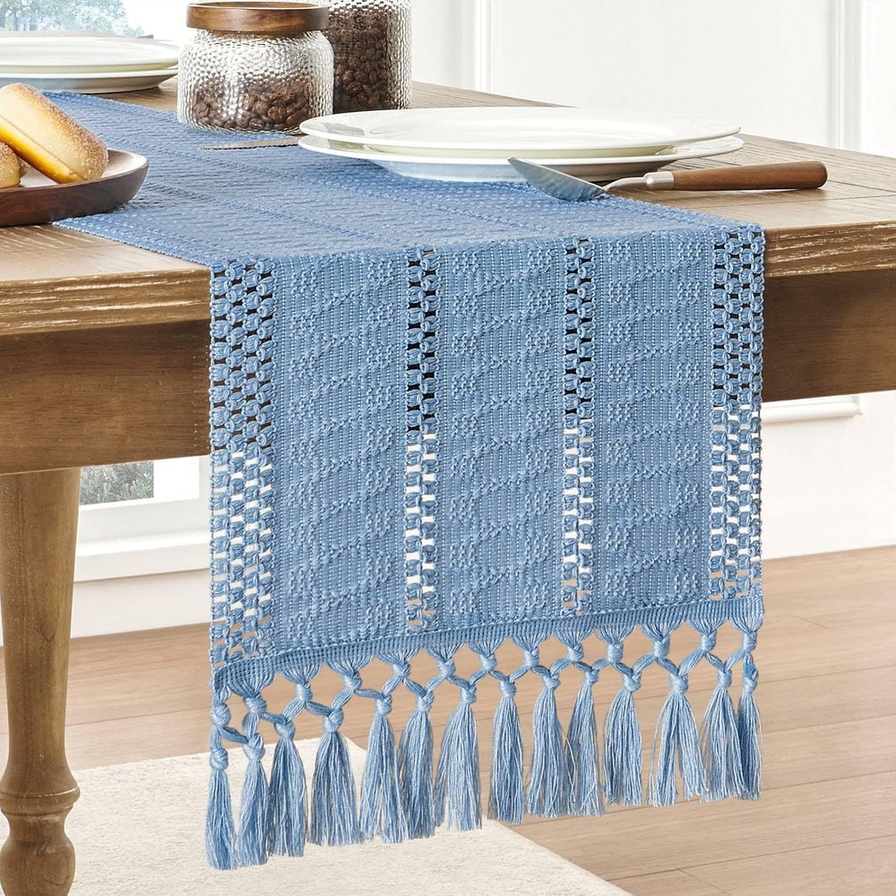 Rustic Cotton Linen Table Runner with Knotted Tassels Boho & Holiday Table Decor