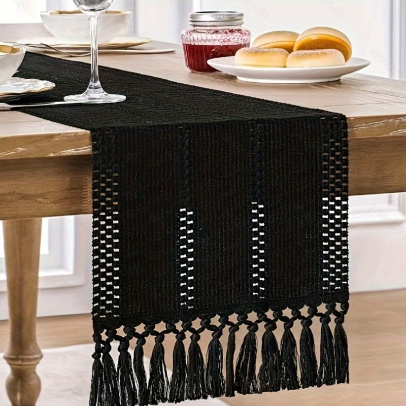 Rustic Cotton Linen Table Runner with Knotted Tassels Boho & Holiday Table Decor