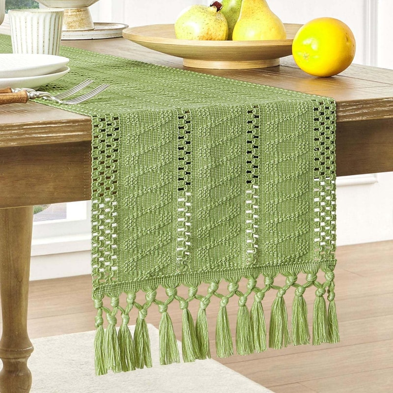 Rustic Cotton Linen Table Runner with Knotted Tassels Boho & Holiday Table Decor