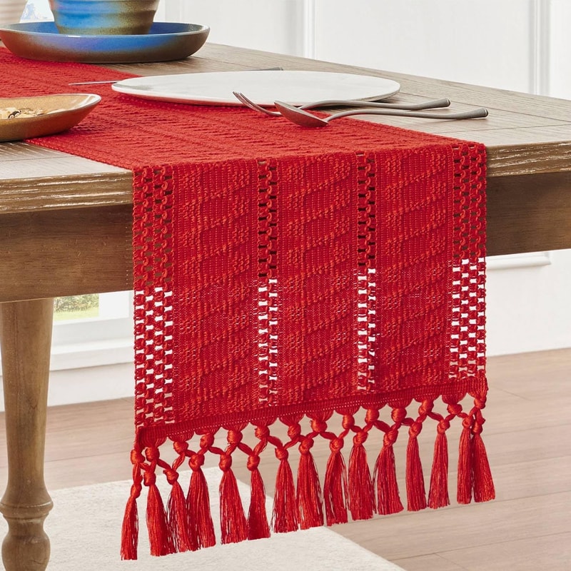 Rustic Cotton Linen Table Runner with Knotted Tassels Boho & Holiday Table Decor