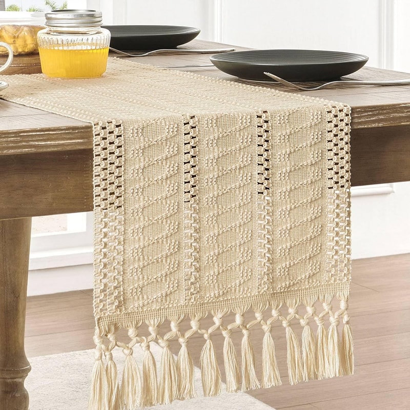 Rustic Cotton Linen Table Runner with Knotted Tassels Boho & Holiday Table Decor
