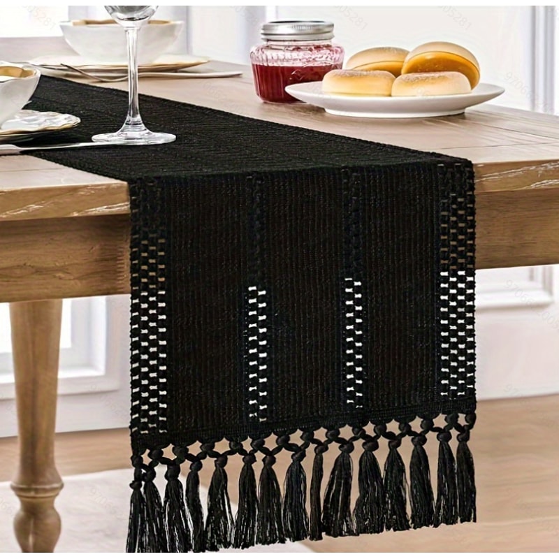 Rustic Cotton Linen Table Runner with Knotted Tassels Boho & Holiday Table Decor