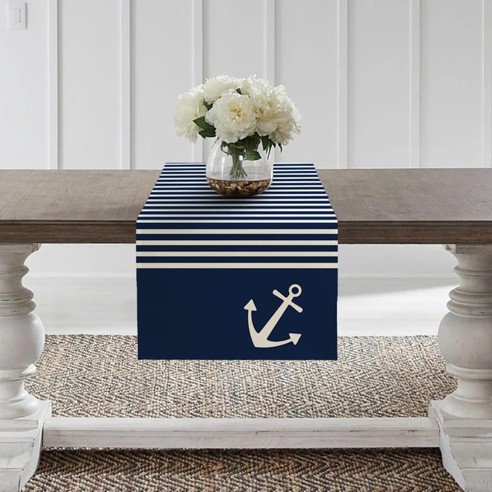 Nautical Table Runner With Anchor Compass Design For Coastal Dining Decor 0